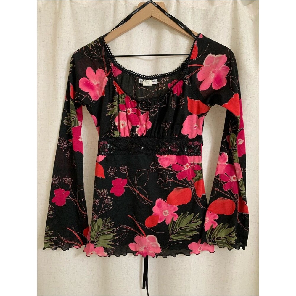 Self Esteem USA Y2K Black Floral Scoop Neck Long Sleeve Top Med Romantic Fairy